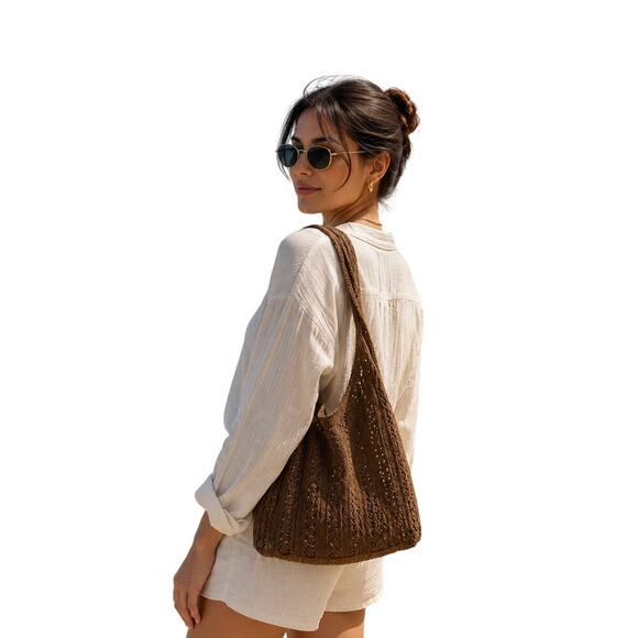 Other Handbags - Brown Crochet Knit Shoulder Bag Boho Hobo Tote Slouchy Cottagecore Y2K